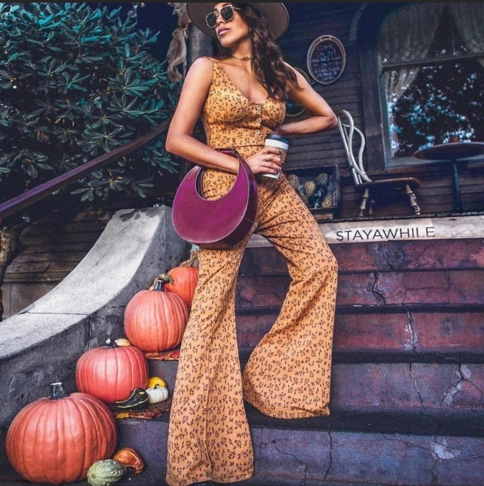 GUC FREE PEOPLE 70S FLARE JUMPSUIT EYES ON YOU RUST BROWN BOHO
